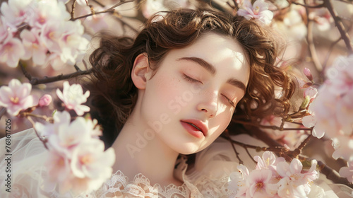 Charming woman reclines peacefully surrounded by cherry blossoms, sunlight filtering through the petals