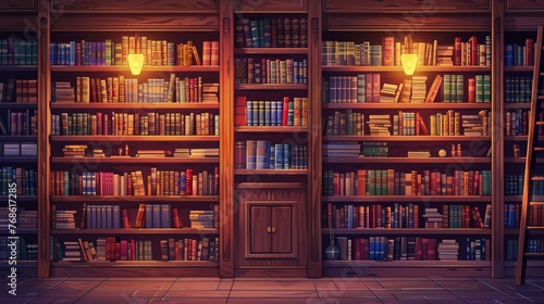 Wooden bookshelves filled with knowledge set the scene for a journey of education and discovery in this library illustration photo