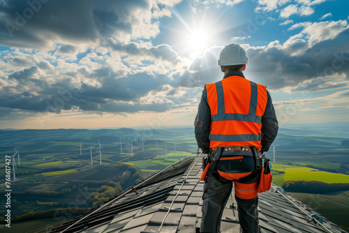 Photo of engineer standing on the roof and looking at wind turbines in the distance