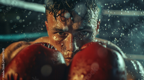 A close-up of an intense boxer with focused eyes, guarding his face with red gloves, beads of sweat and determination visible.
