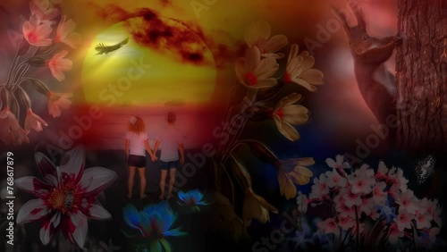 a couple holding hands with animals and flowers in background
