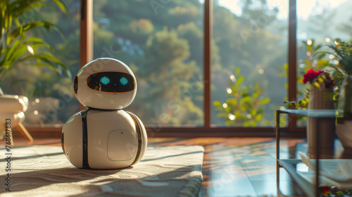 A modern white robotic companion sits on a textured floor, basking in the sunlight filtering through a window with a view of lush greenery.