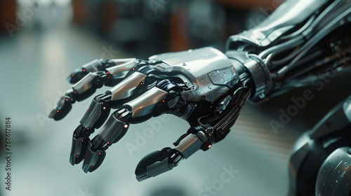 Close-up of a futuristic robotic hand with articulated fingers and metallic finish, implying advanced technology and artificial intelligence.