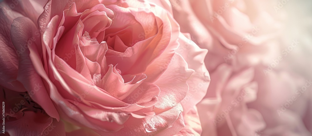 Close-up view of a pink rose flower in full bloom against a white backdrop. The delicate petals of the rose are vividly pink, showcasing the beauty of summertime flora.