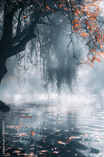 A foggy lakeside scene with a tree s branches extending over calm water  autumn leaves adding a touch of color to the tranquil setting.