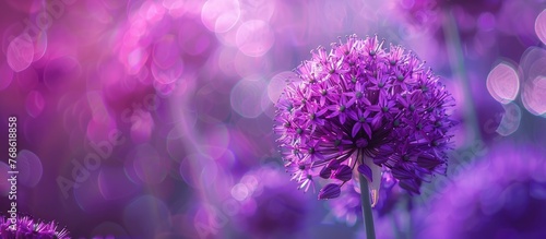 A detailed view of a blooming purple big onion flower, Allium giganteum, on a warm summer day. The image captures the intricate petals against a softly blurred background. photo