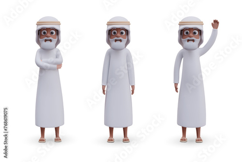 Bearded Arab grandfather in different poses. Vector oriental man in traditional white clothes