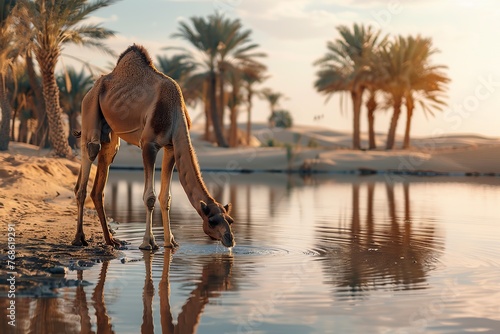 Camel Drinking Water From Oasis photo