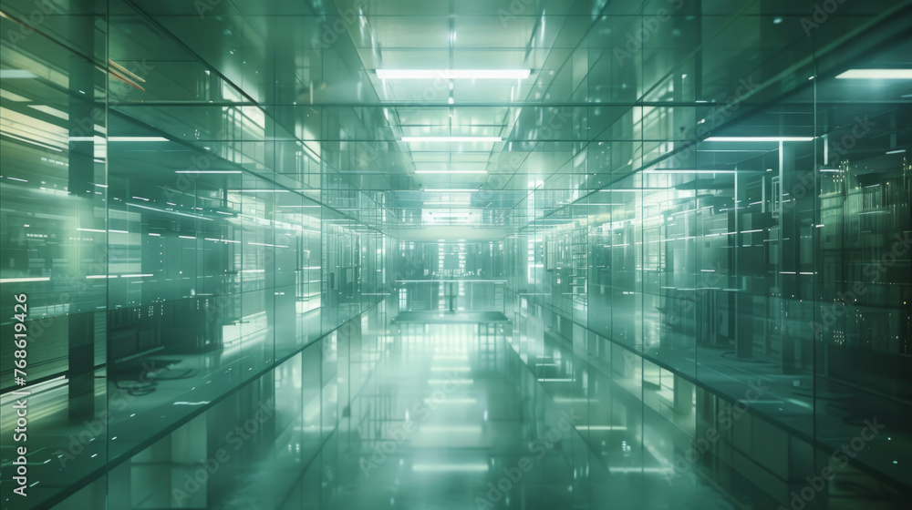 A modern, high-tech corridor with glass walls featuring reflective surfaces, illuminated by a soft, diffused green light, giving the space a futuristic ambiance. A modern, high-tech corridor with glass walls featuring reflective surfaces, illuminated by a soft, diffused green light, giving the space a futuristic ambiance.