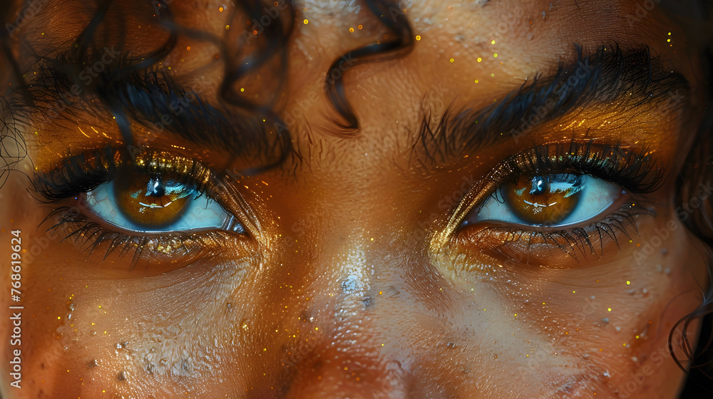 Radiant Brown Skin Womans Close-Up with Gold Glitter Accents and Intense Gaze Radiant Brown Skin Womans Close-Up with Gold Glitter Accents and Intense Gaze
