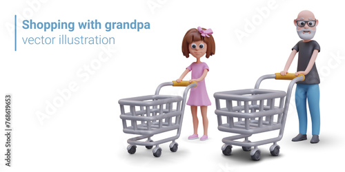 Concept of shopping with grandpa. Old bearded man and girl are rolling empty shopping carts