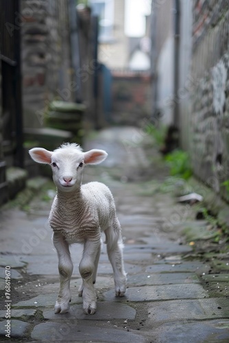 Small Lamb Standing on Cobblestone Street