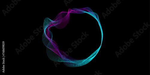 Glowing round frame of circle wavy lines pattern in blue purple colors isolated on black background. Vector 