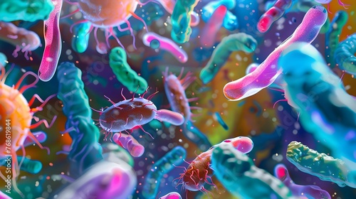 Vibrant 3D Illustration of Diverse Bacteria in a Harmonious Microscopic Environment