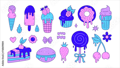Melting sweet food doodle vector set. Collection of hand drawn desserts. Isolated colorful illustrations of cake ice cream donut makaron capcake fruit. Purple color. 90s y2k clipart