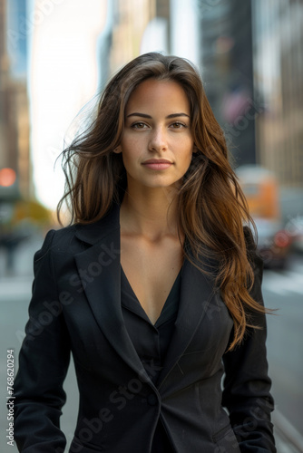 A professional woman standing confidently on an urban street, wearing a stylish black blazer with her long hair flowing naturally.