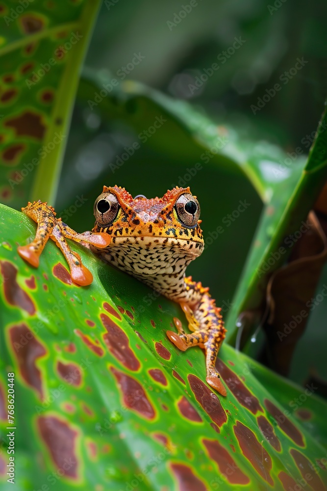 Obraz premium Yellow Frog Sitting on Top of Green Leaf