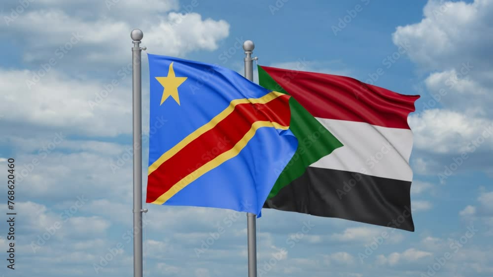 Sudan and Democratic Republic of the Congo two flags waving together, looped video, two country cooperation concept Sudan and Democratic Republic of the Congo two flags waving together, looped video, two country cooperation concept