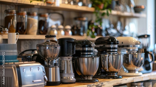 Kitchen appliances displayed on a table.