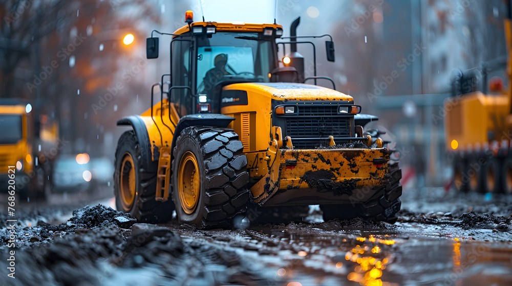 Yellow Heavy Machinery in Action on Wet City Street during Winter Rain Yellow Heavy Machinery in Action on Wet City Street during Winter Rain
