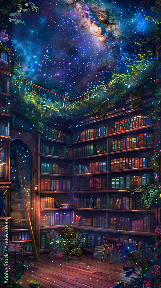 A room filled with numerous books on shelves, a ladder on the left, a swing at the right, a starry night sky on the ceiling, and plants growing on the shelves. AI Generated