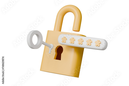 Quadro su tela 3d Yellow Padlock with password and key icon on isolated