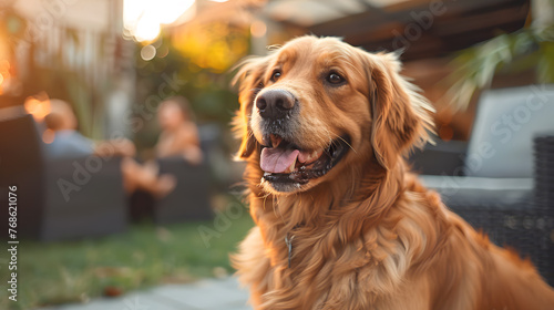 A loyal dog  with a family playing in the backyard as the background  during a joyous gathering