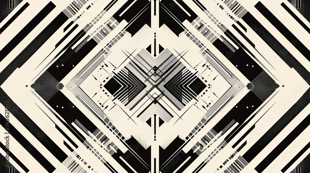 A black and white vector pattern with geometric shapes, symmetrical lines, straight angles - obrazy, fototapety, plakaty 