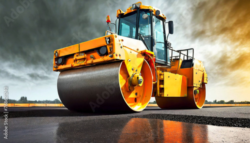 Asphalt Paving Machine. Bottom view of a large modern yellow and orange road roller or steamroller on a new asphalt road. Generative Ai. photo