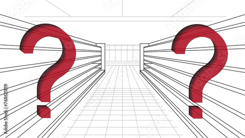 Two Large 3d red question mark on abstract supermarket interior. Empty shelves. Retail industry. Graphic vector line illustration. Inflation concept. Grocery store. Global food crisis. Consumption