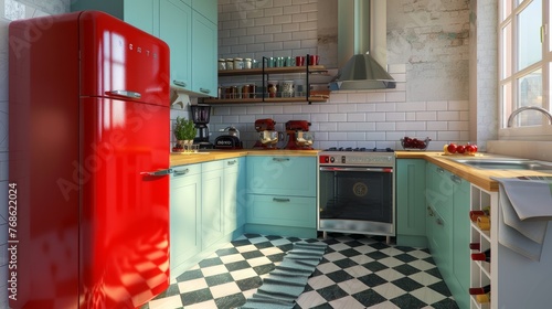 A stylish, modern kitchen with a retro refrigerator