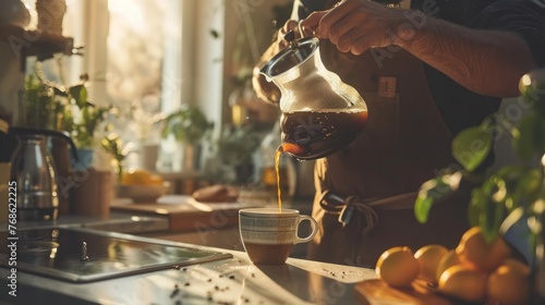 A man is in the kitchen making a cup of coffee. He is pouring hot filtered coffee from a glass pot into a mug. He is having breakfast in the morning.