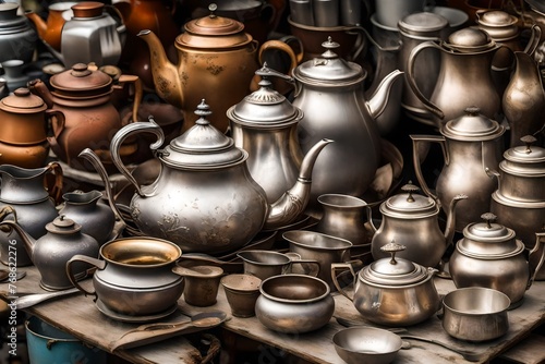 Antique silver teapots, creamer and other utensils at a flea market. Old metal tableware collectibles at a garage sale