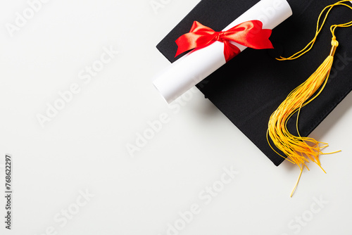 Graduation cap and diploma on white background. Flat lay, top view.