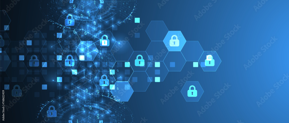 Technological background with isometric ornament. Digital security, information protection. Lock icons in the middle of the hexagon. Technological background with isometric ornament. Digital security, information protection. Lock icons in the middle of the hexagon.
