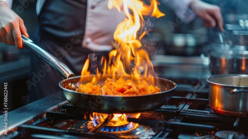 A chef flambés food in a pan on the stove.