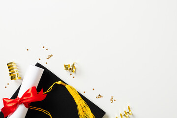 Graduation cap and diploma with gold glitter tinsel on white background. Graduation party concept.