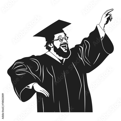 Graduating student vector illustration. Portrait of young man on graduation ceremony hand drawn black on white background. Education silhouette.