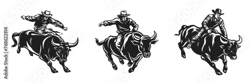 Rodeo vector illustration. Cowboy riding bull hand drawn black on white background. Mal rider bucking silhouette.