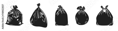 Garbage bags vector illustration. Waste plastic package hand drawn black on white background. Rubbish silhouette.