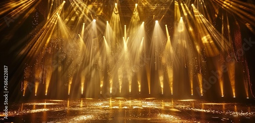 A stage with golden spotlights shining down  creating an atmosphere of mystery and grandeur