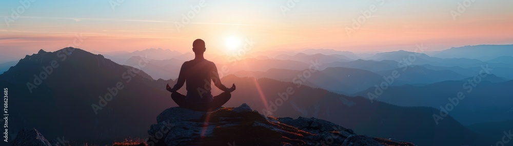 Silhouette meditating on a mountain peak at sunrise, the horizon glowing softly Silhouette meditating on a mountain peak at sunrise, the horizon glowing softly