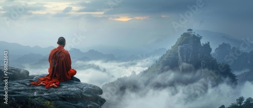 Monk in deep meditation on a serene mountain peak, surrounded by mist photo