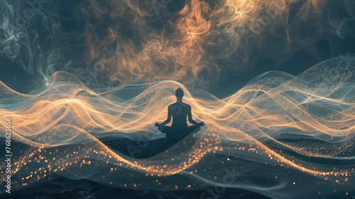 Person meditating surrounded by 432 Hz sound waves, symbolizing harmony and balance photo