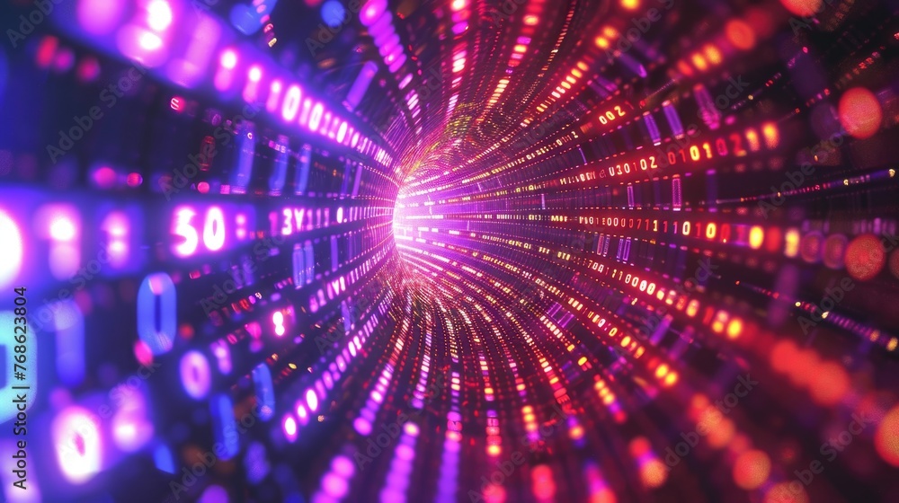 Binary code streaming through a neonlit abstract tunnel, representing rapid digital communication Binary code streaming through a neonlit abstract tunnel, representing rapid digital communication