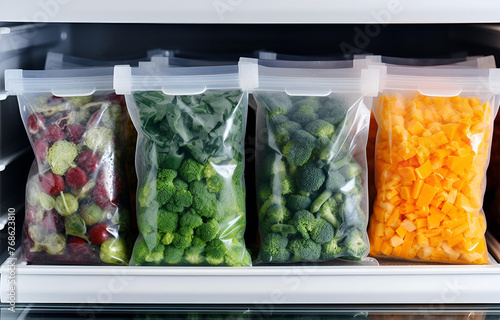 Plastic bags with deep frozen vegetables on white shelves in the
