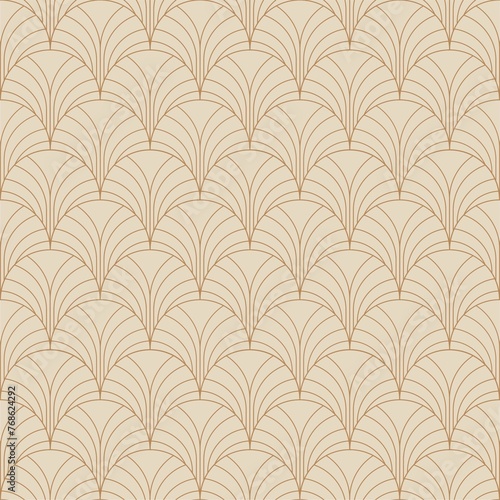 Seamless pattern in Art Deco style. Golden linear geometric shapes and figures on a pastel background. Suitable for fabric  wallpaper  wedding design  branding  printing  scrapbooking.