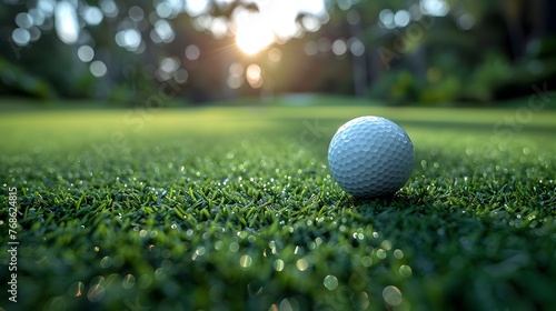 Golf Ball Texture on Green Grass at Sunset Exuding Leisure Activity and Sporty Elegance