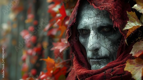 An Old Man with Gray Skin in a Red Ivy-Covered Cloak Amidst Autumn Leaves in a Cinematic Lighting Scene