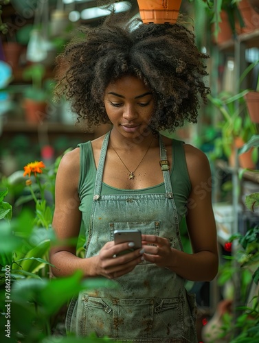 Beautiful african american woman florist in a green t-shirt and apron stands in the shop with plants on the table and scrolls the phone while working. Busy business lady taking orders online. (ID: 768625002)